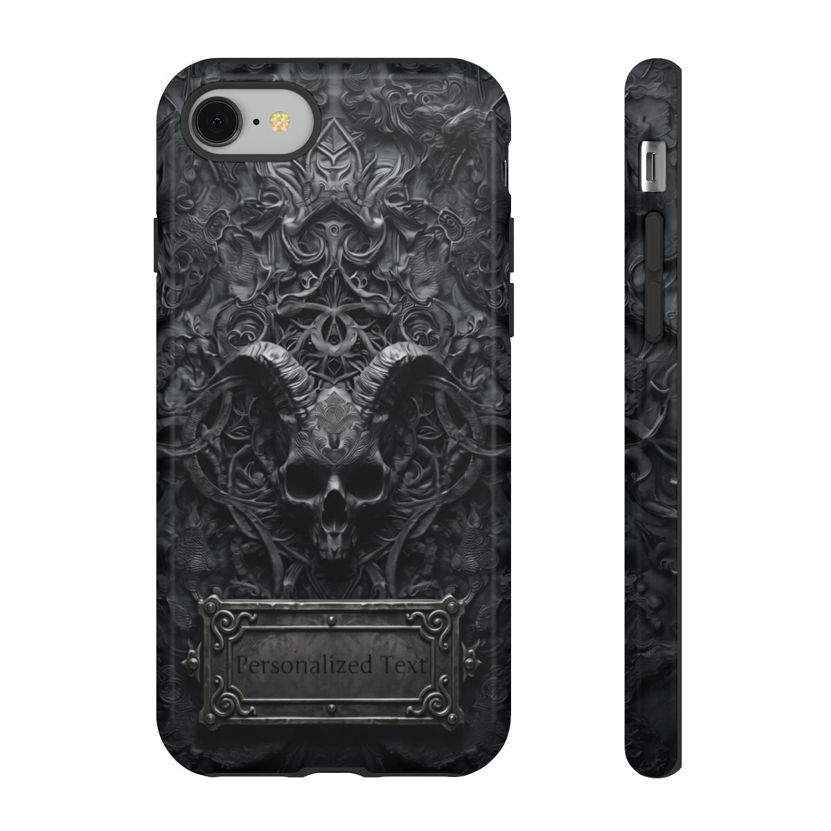 Gothic Demon Skull Phone Case – Dark Occult Horned Skull Art with Optional Personalized Text