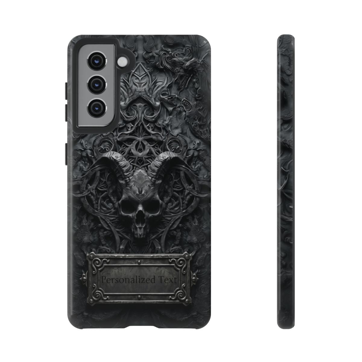 Gothic Demon Skull Phone Case – Dark Occult Horned Skull Art with Optional Personalized Text