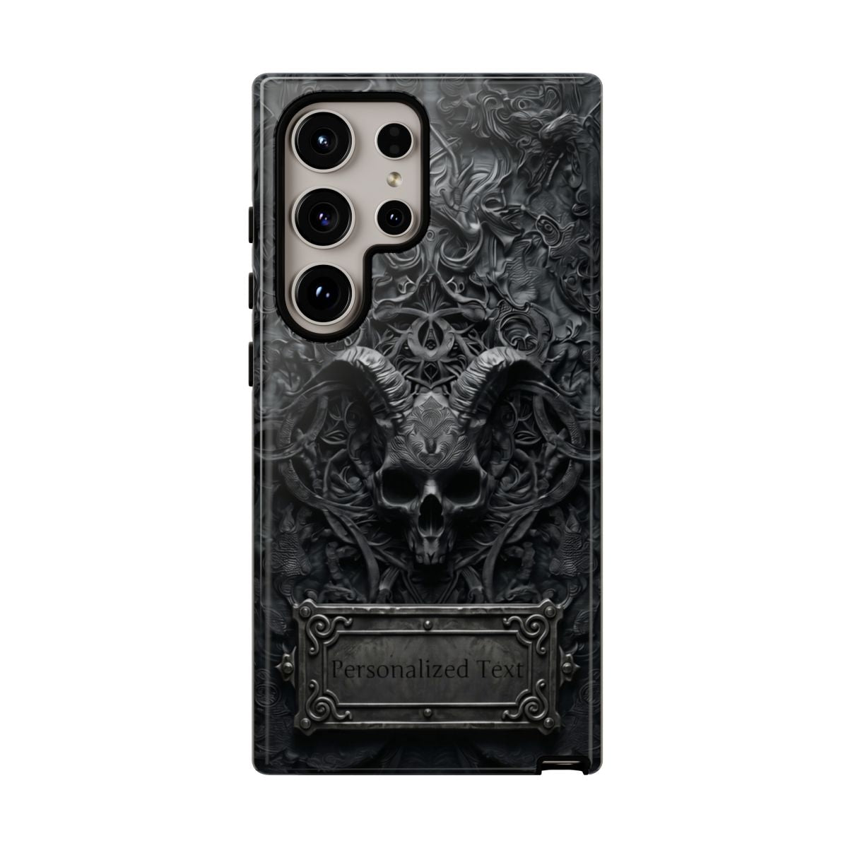 Gothic Demon Skull Phone Case – Dark Occult Horned Skull Art with Optional Personalized Text