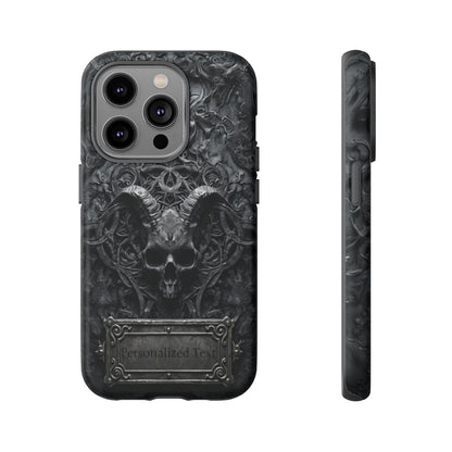 Gothic Demon Skull Phone Case – Dark Occult Horned Skull Art with Optional Personalized Text