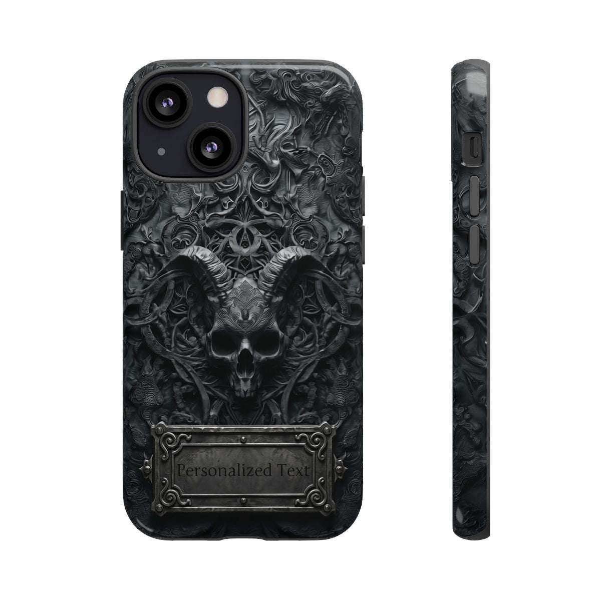 Gothic Demon Skull Phone Case – Dark Occult Horned Skull Art with Optional Personalized Text