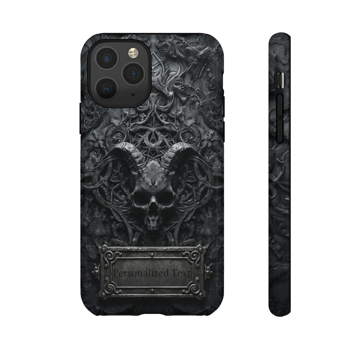 Gothic Demon Skull Phone Case – Dark Occult Horned Skull Art with Optional Personalized Text
