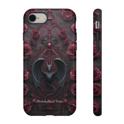 Gothic Dragon Rose Phone Case – Dark Fantasy Dragon with Crimson Roses and Optional Personalized Text