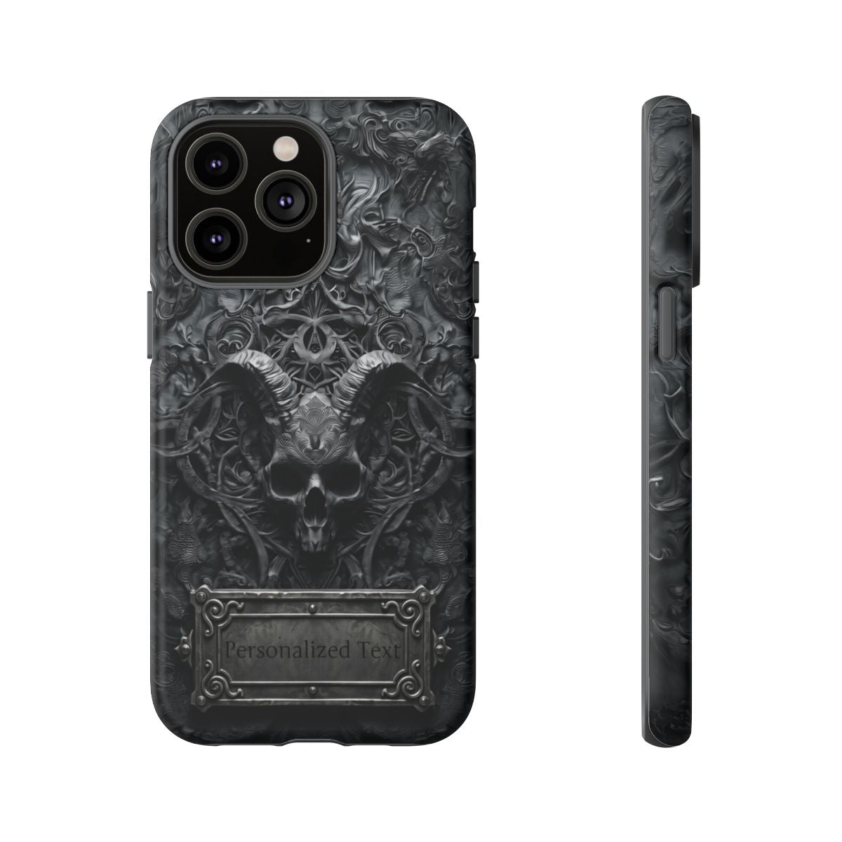 Gothic Demon Skull Phone Case – Dark Occult Horned Skull Art with Optional Personalized Text