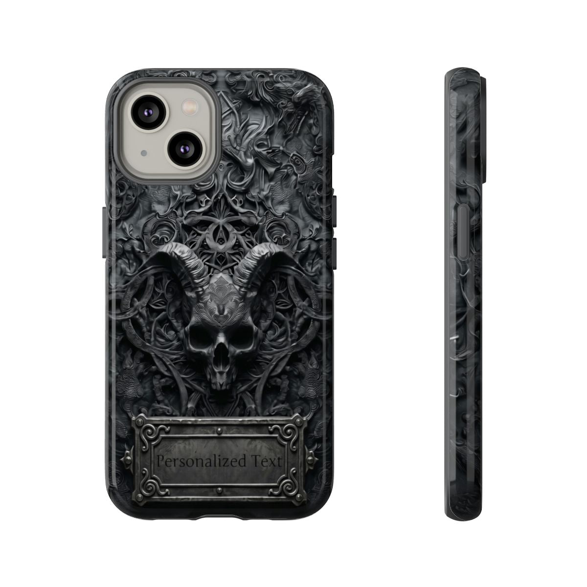 Gothic Demon Skull Phone Case – Dark Occult Horned Skull Art with Optional Personalized Text