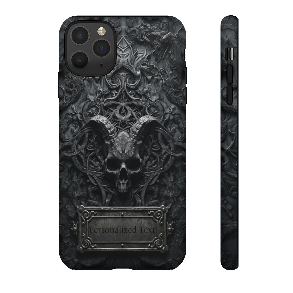 Gothic Demon Skull Phone Case – Dark Occult Horned Skull Art with Optional Personalized Text