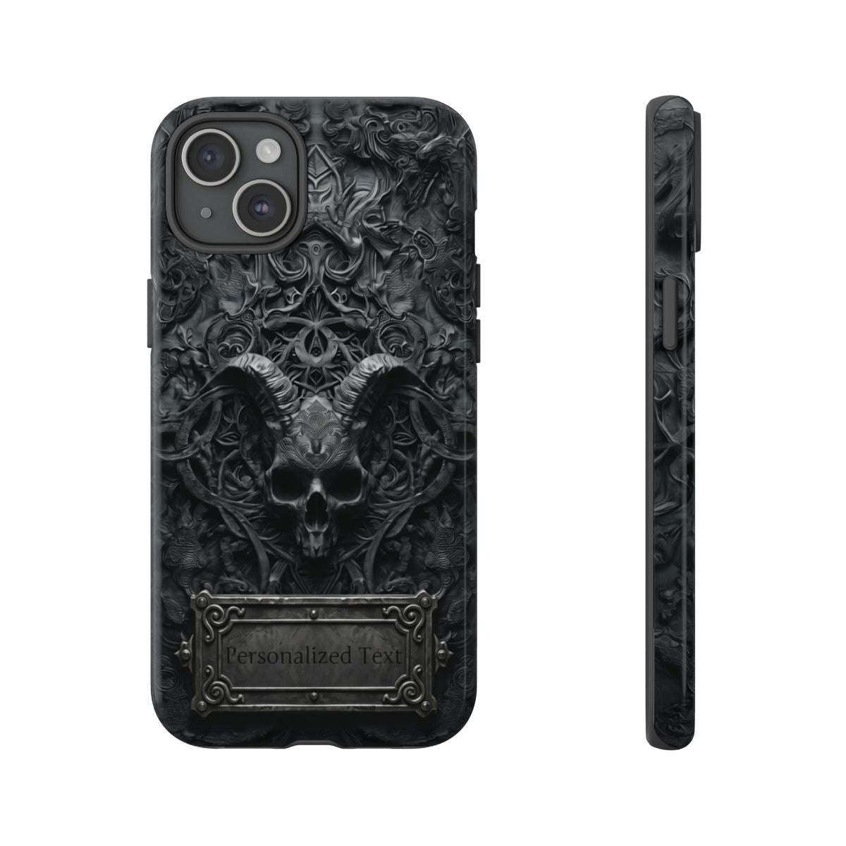 Gothic Demon Skull Phone Case – Dark Occult Horned Skull Art with Optional Personalized Text