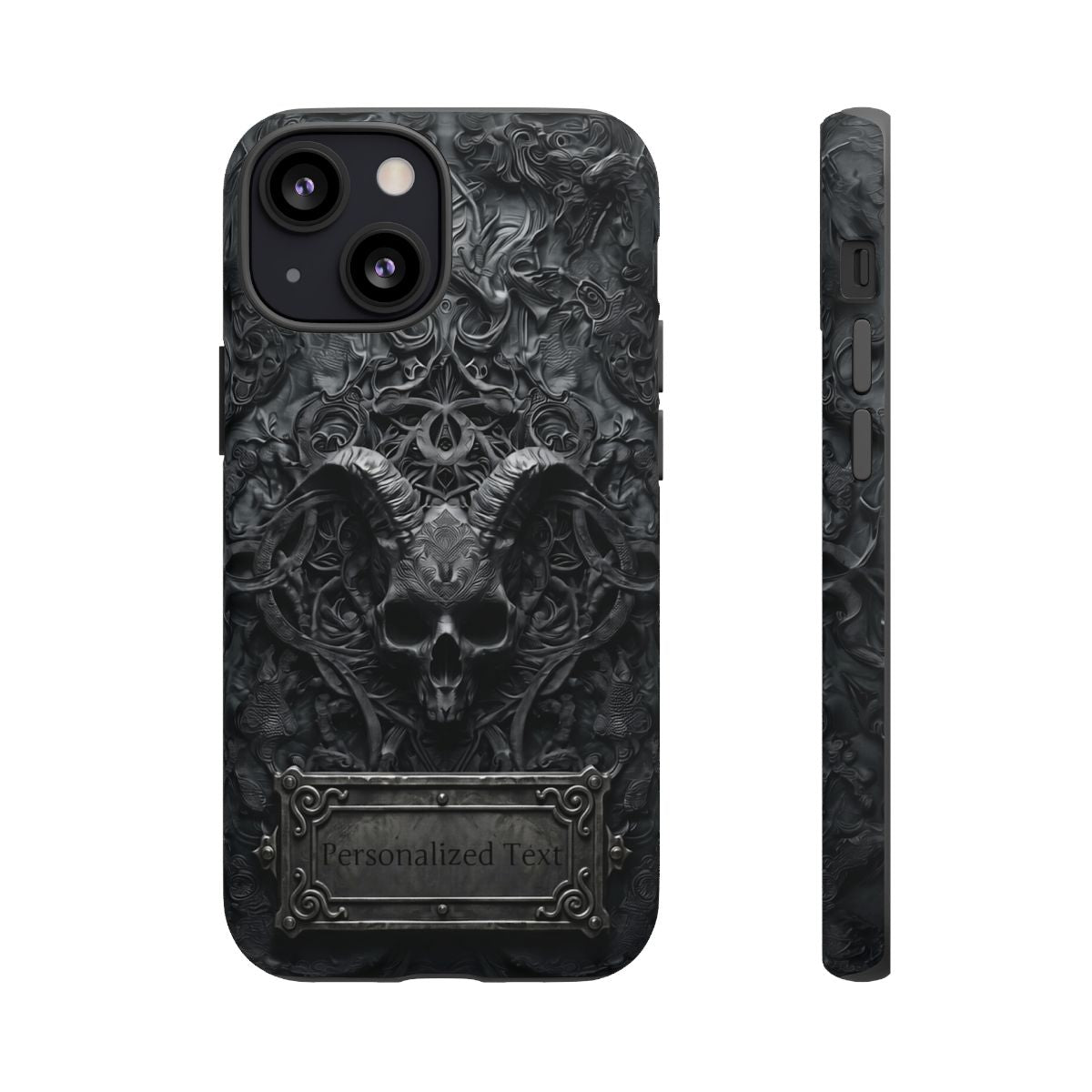 Gothic Demon Skull Phone Case – Dark Occult Horned Skull Art with Optional Personalized Text
