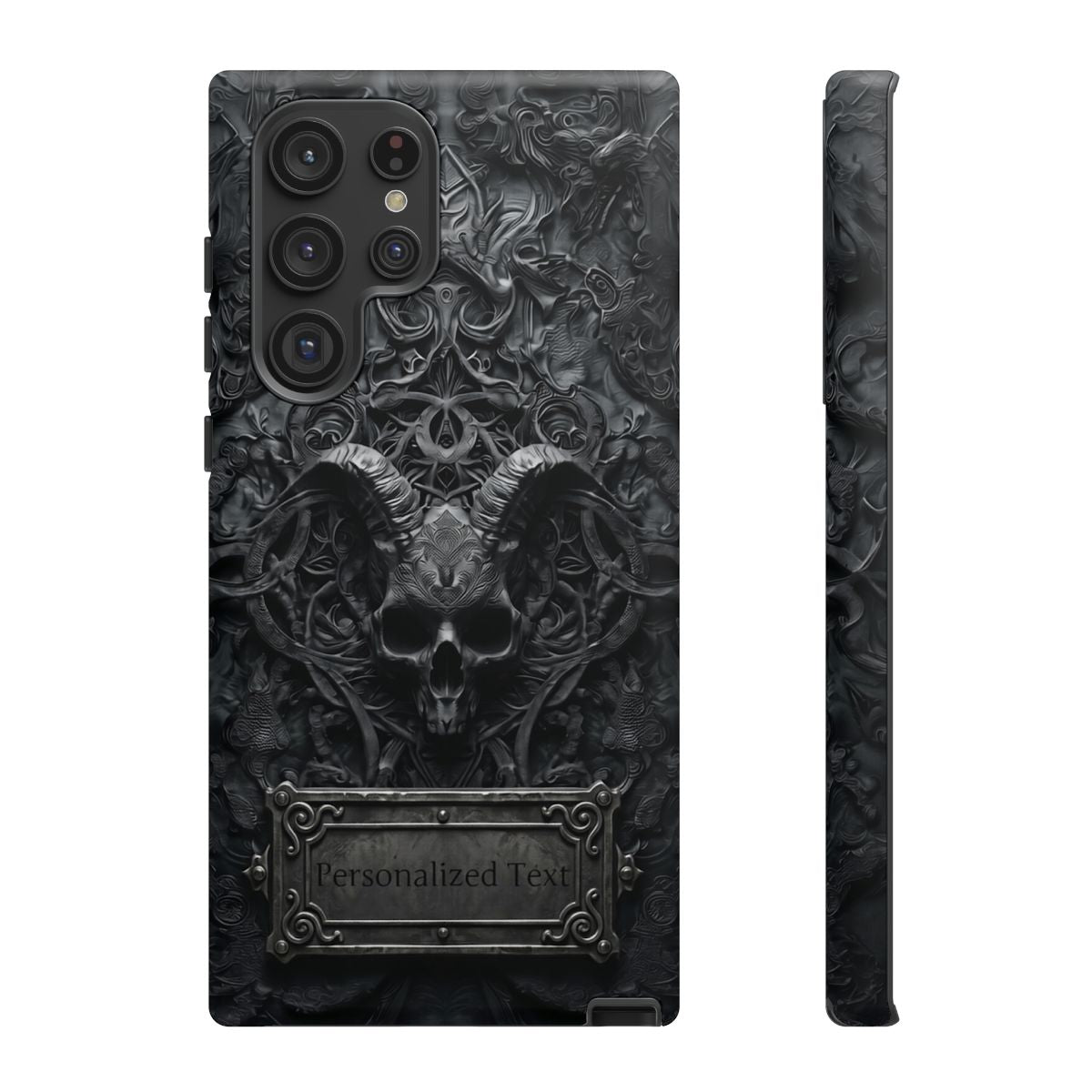 Gothic Demon Skull Phone Case – Dark Occult Horned Skull Art with Optional Personalized Text
