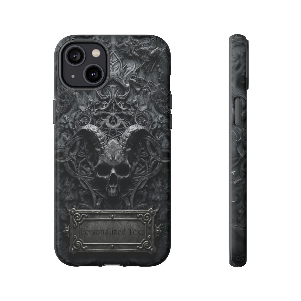 Gothic Demon Skull Phone Case – Dark Occult Horned Skull Art with Optional Personalized Text