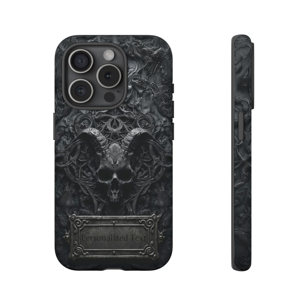 Gothic Demon Skull Phone Case – Dark Occult Horned Skull Art with Optional Personalized Text