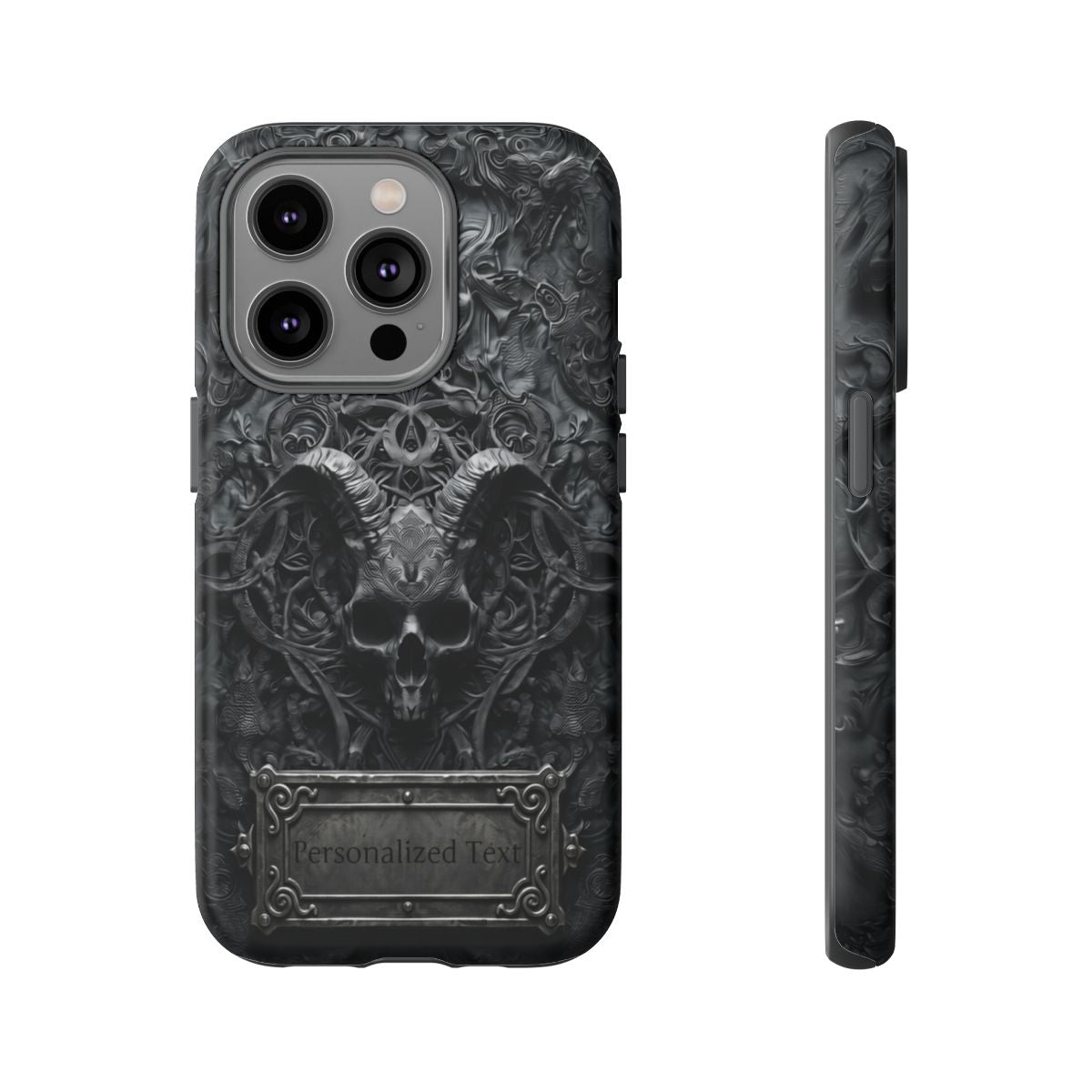 Gothic Demon Skull Phone Case – Dark Occult Horned Skull Art with Optional Personalized Text