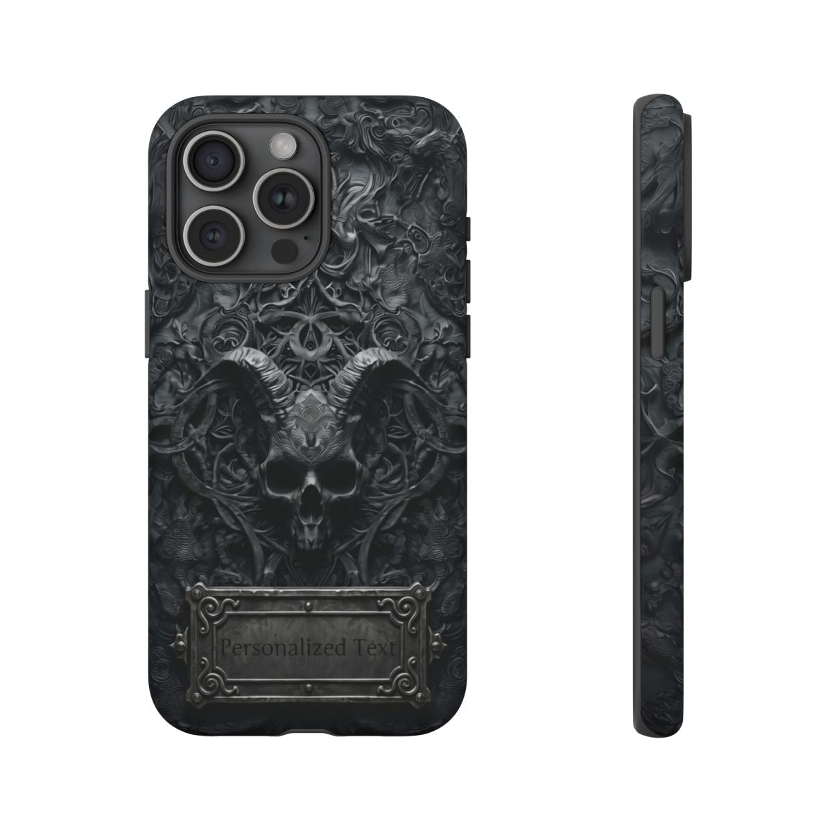Gothic Demon Skull Phone Case – Dark Occult Horned Skull Art with Optional Personalized Text
