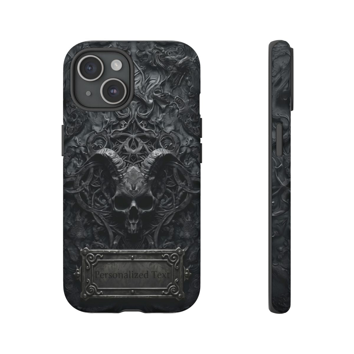 Gothic Demon Skull Phone Case – Dark Occult Horned Skull Art with Optional Personalized Text