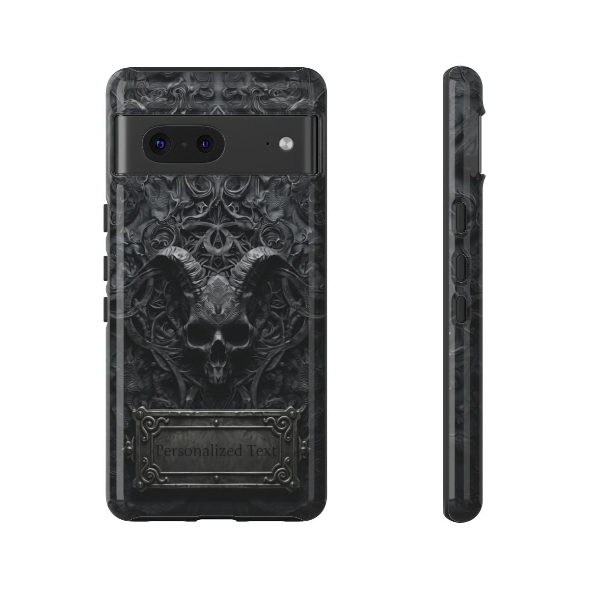 Gothic Demon Skull Phone Case – Dark Occult Horned Skull Art with Optional Personalized Text