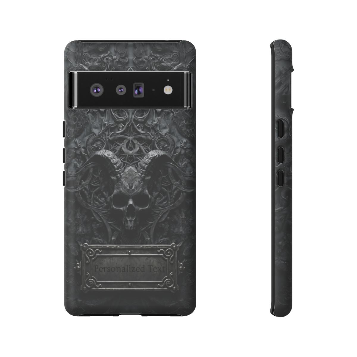 Gothic Demon Skull Phone Case – Dark Occult Horned Skull Art with Optional Personalized Text