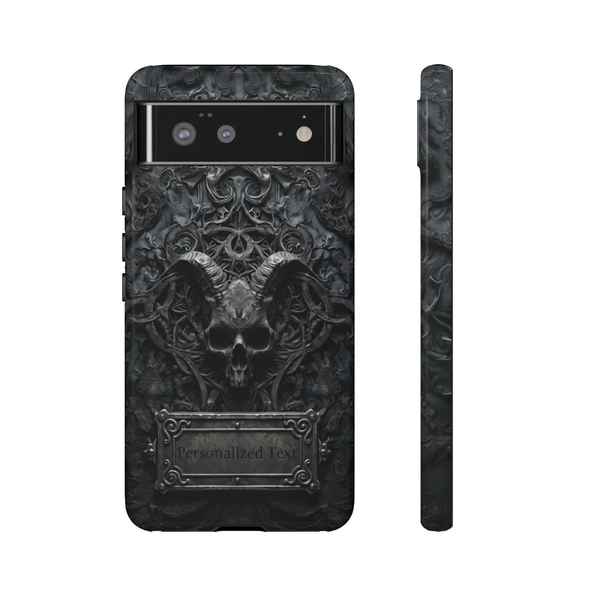 Gothic Demon Skull Phone Case – Dark Occult Horned Skull Art with Optional Personalized Text