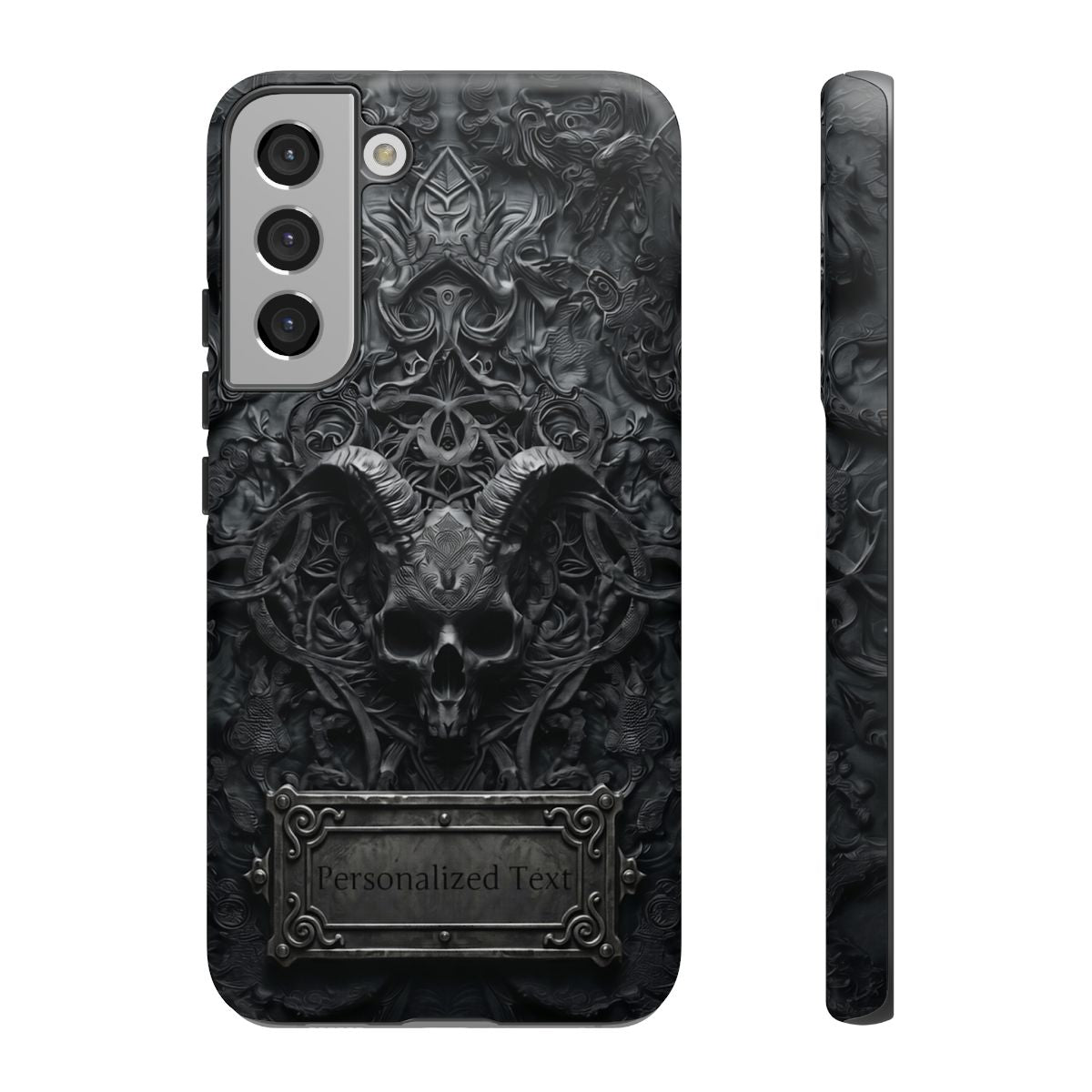 Gothic Demon Skull Phone Case – Dark Occult Horned Skull Art with Optional Personalized Text