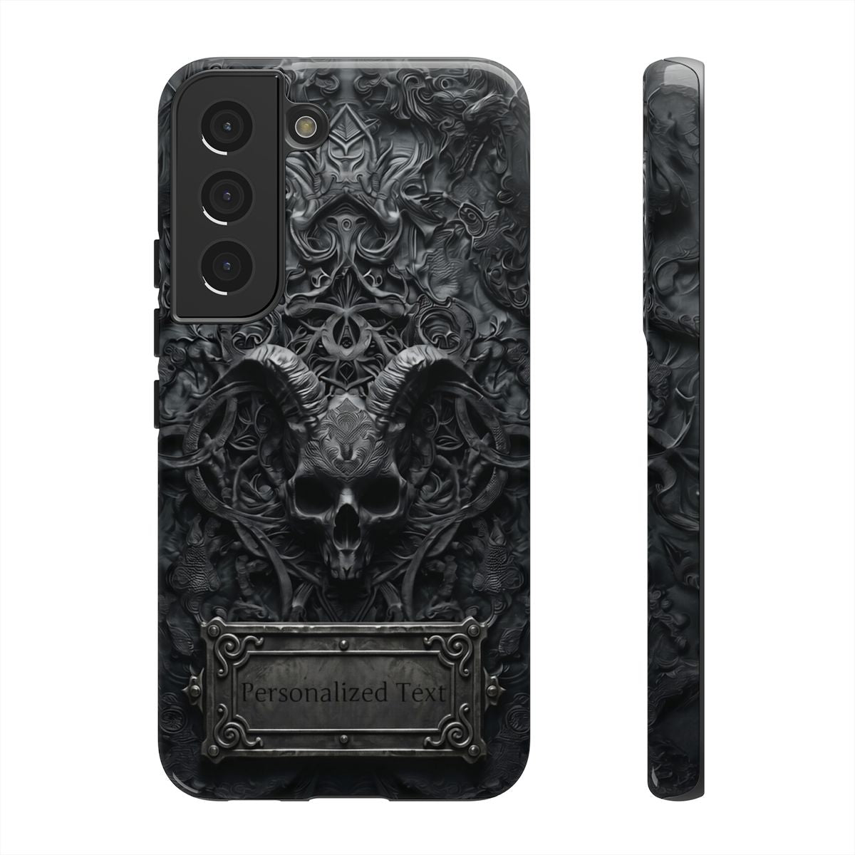 Gothic Demon Skull Phone Case – Dark Occult Horned Skull Art with Optional Personalized Text