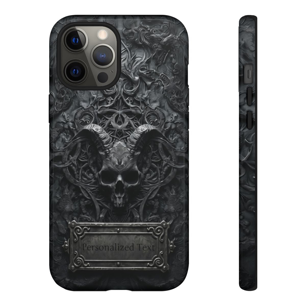 Gothic Demon Skull Phone Case – Dark Occult Horned Skull Art with Optional Personalized Text