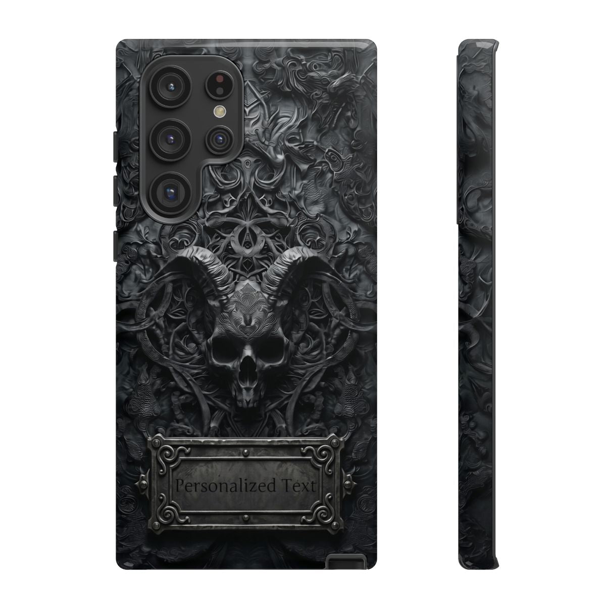 Gothic Demon Skull Phone Case – Dark Occult Horned Skull Art with Optional Personalized Text