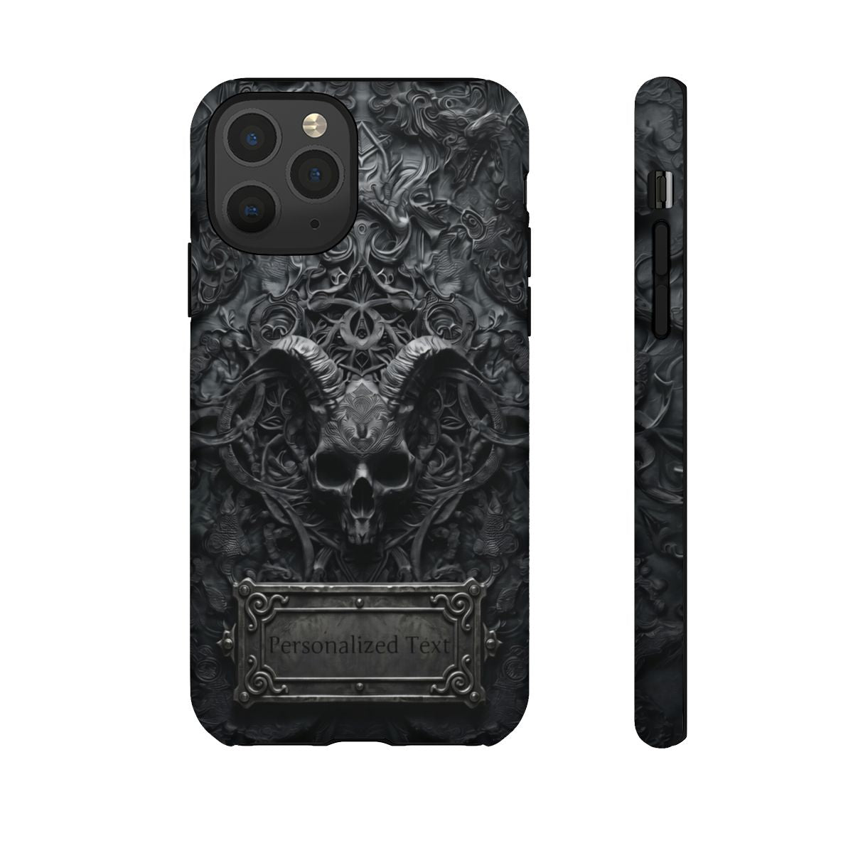 Gothic Demon Skull Phone Case – Dark Occult Horned Skull Art with Optional Personalized Text