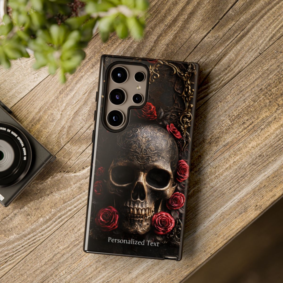 Personalized Gothic Skull and Red Roses Phone Case, Dark Floral Skeleton Case, Victorian Gothic Horror iPhone Samsung Galaxy Google Pixel Case