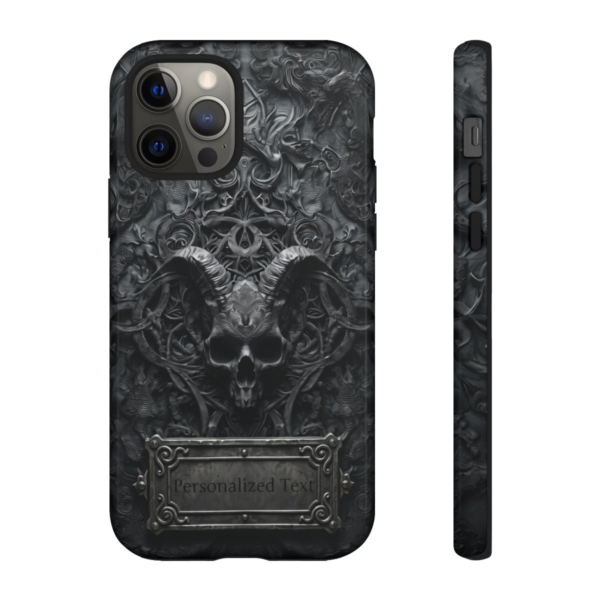 Gothic Demon Skull Phone Case – Dark Occult Horned Skull Art with Optional Personalized Text