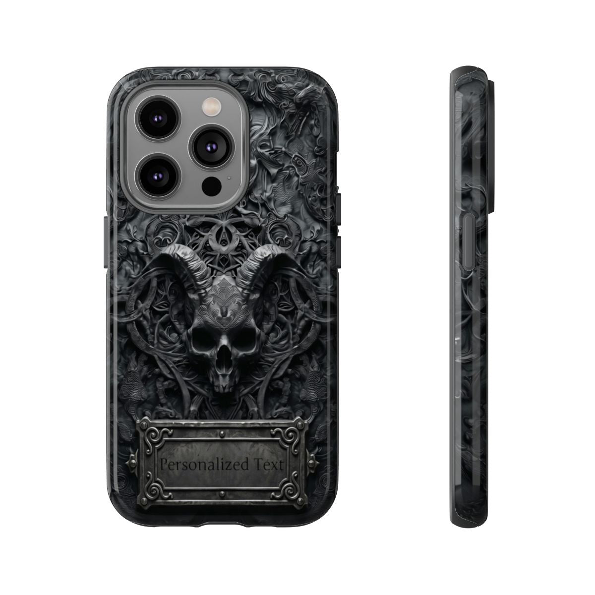 Gothic Demon Skull Phone Case – Dark Occult Horned Skull Art with Optional Personalized Text