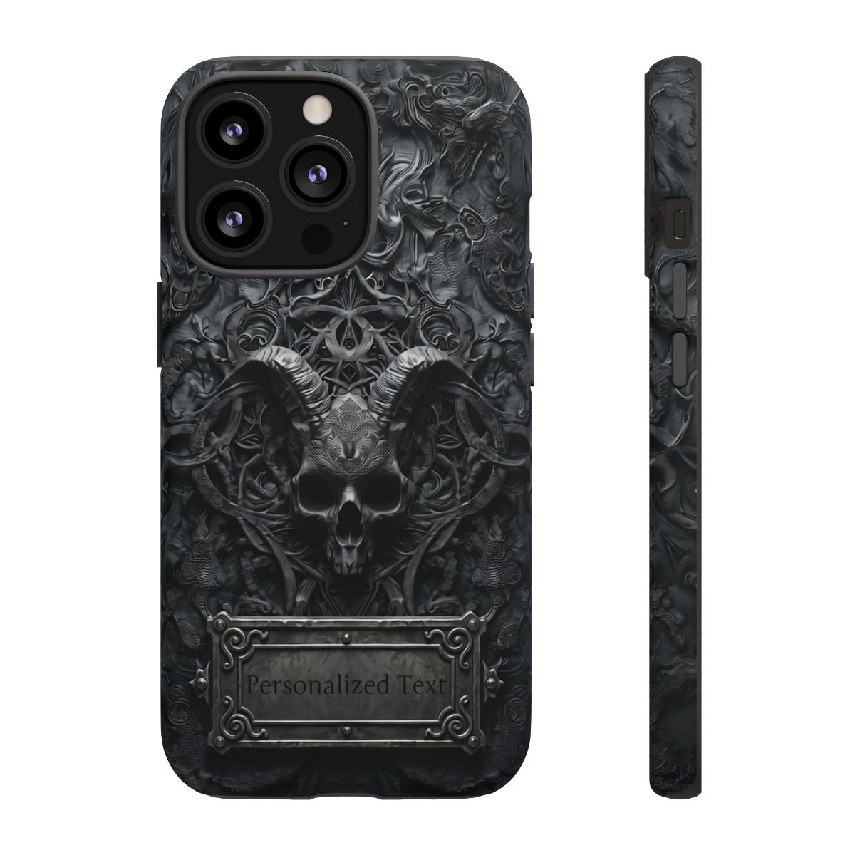 Gothic Demon Skull Phone Case – Dark Occult Horned Skull Art with Optional Personalized Text