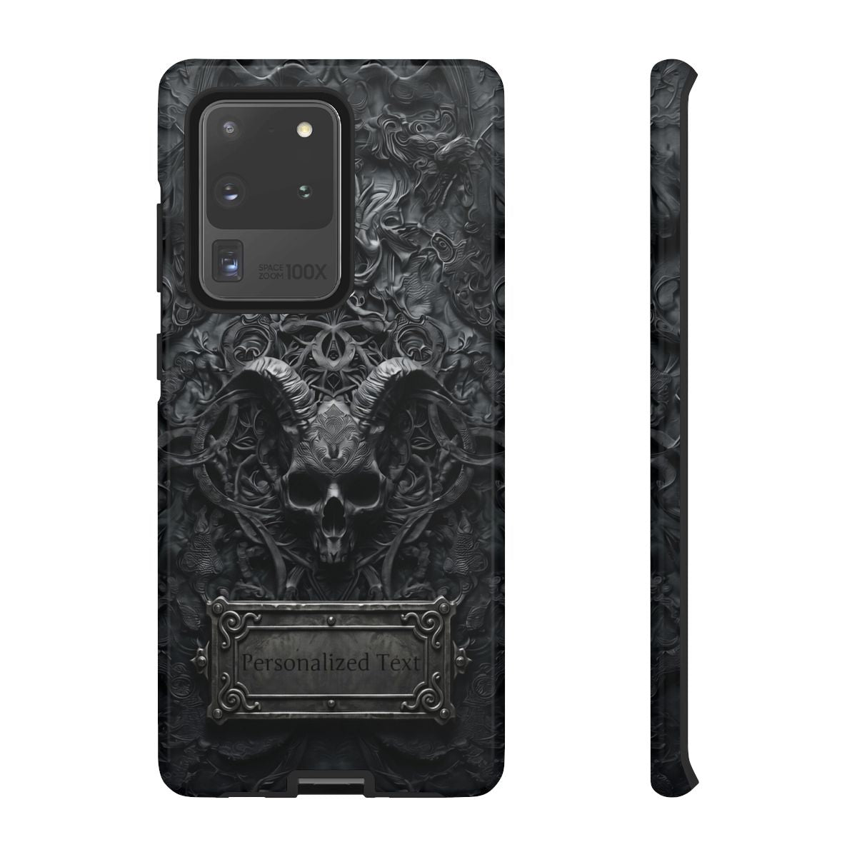 Gothic Demon Skull Phone Case – Dark Occult Horned Skull Art with Optional Personalized Text