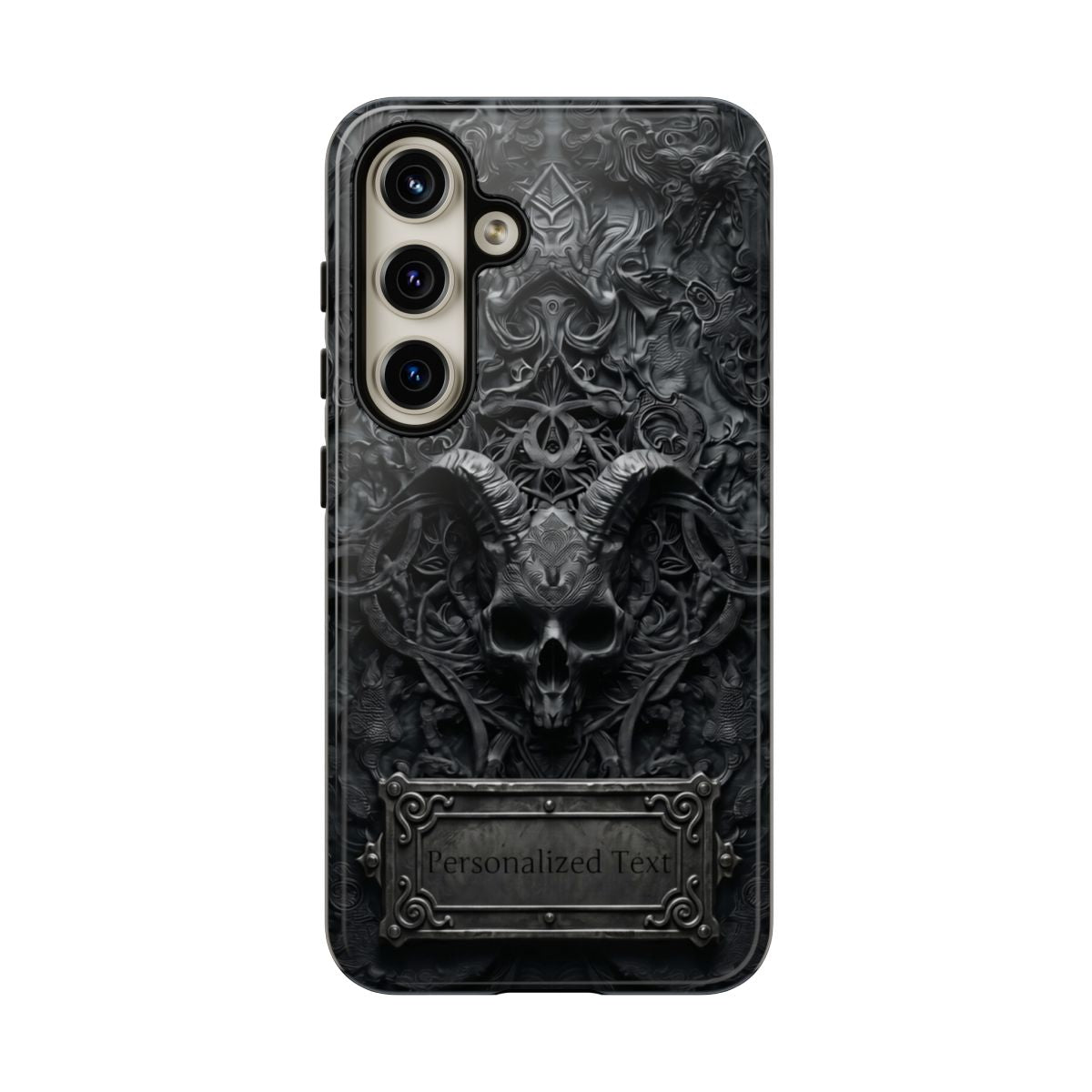 Gothic Demon Skull Phone Case – Dark Occult Horned Skull Art with Optional Personalized Text