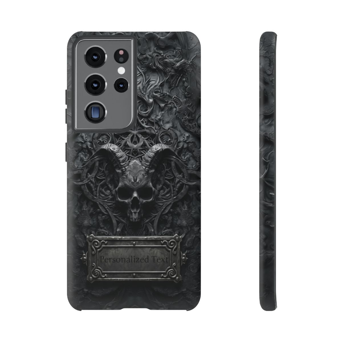 Gothic Demon Skull Phone Case – Dark Occult Horned Skull Art with Optional Personalized Text