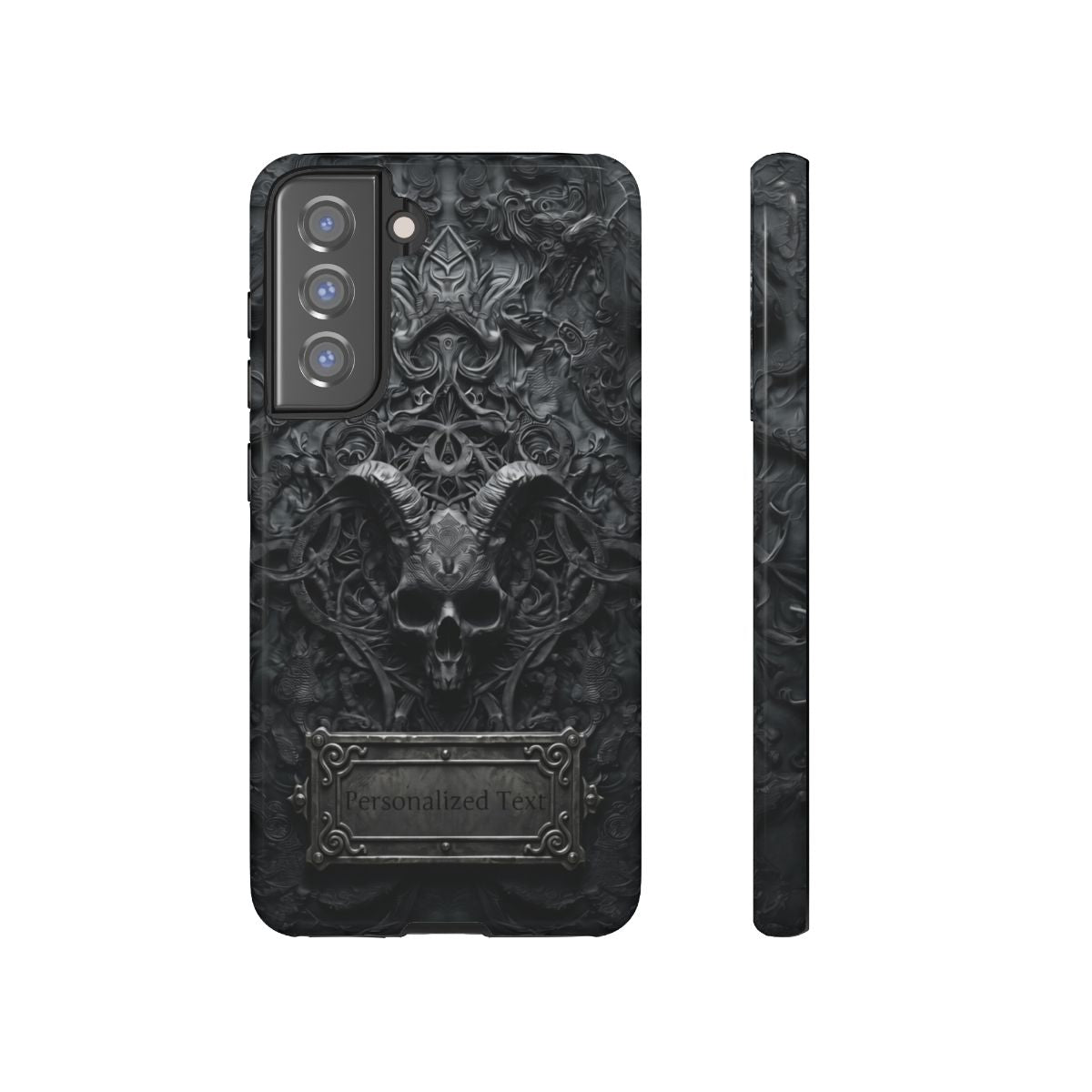Gothic Demon Skull Phone Case – Dark Occult Horned Skull Art with Optional Personalized Text