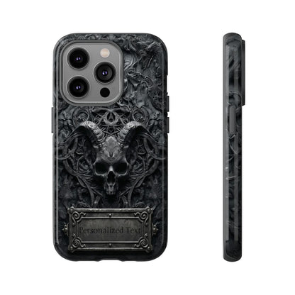 Gothic Demon Skull Phone Case – Dark Occult Horned Skull Art with Optional Personalized Text