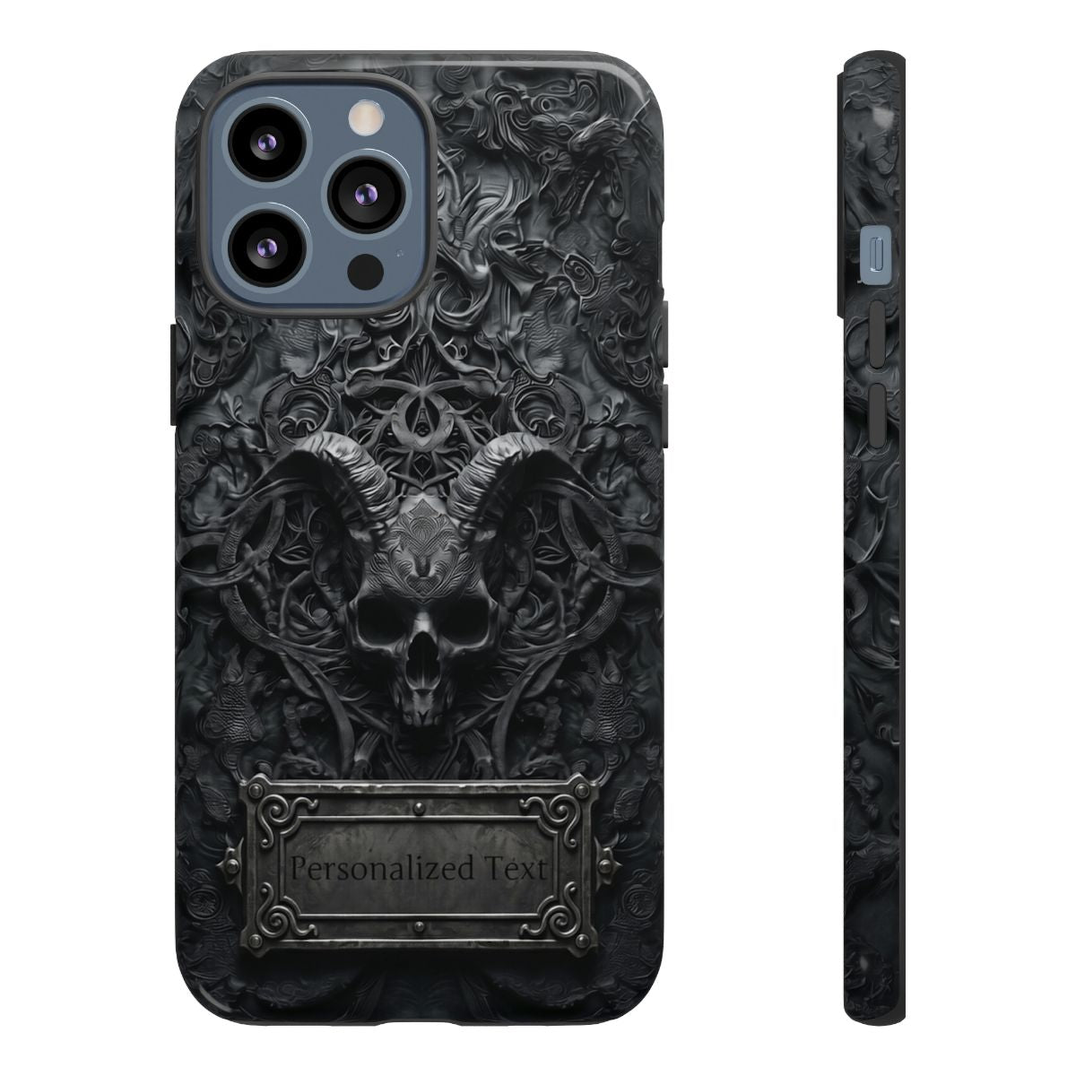 Gothic Demon Skull Phone Case – Dark Occult Horned Skull Art with Optional Personalized Text