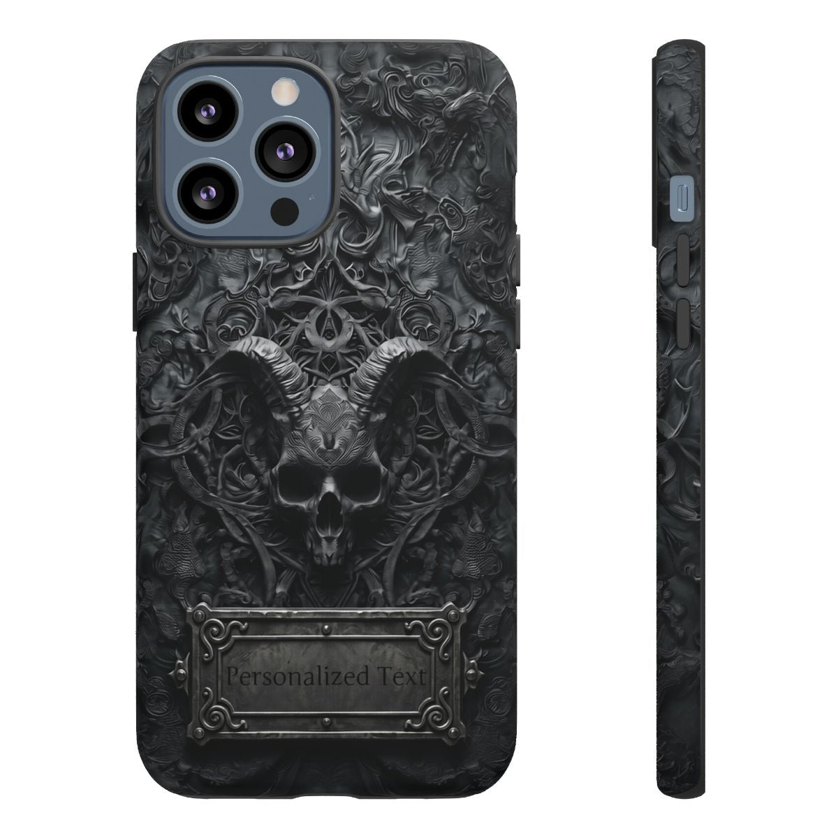 Gothic Demon Skull Phone Case – Dark Occult Horned Skull Art with Optional Personalized Text