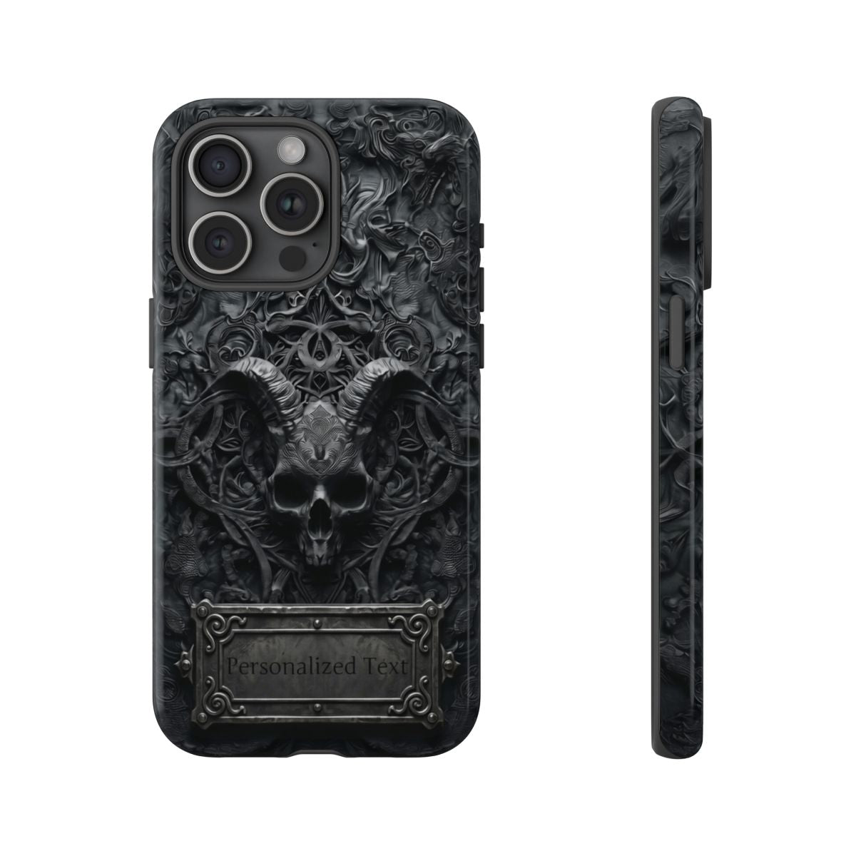 Gothic Demon Skull Phone Case – Dark Occult Horned Skull Art with Optional Personalized Text