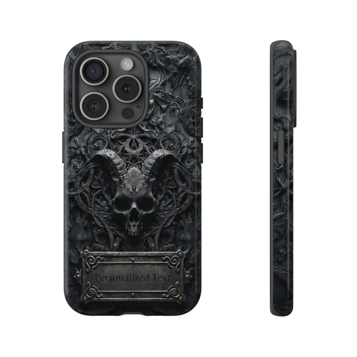 Gothic Demon Skull Phone Case – Dark Occult Horned Skull Art with Optional Personalized Text