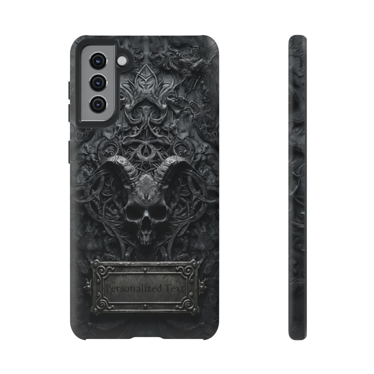 Gothic Demon Skull Phone Case – Dark Occult Horned Skull Art with Optional Personalized Text