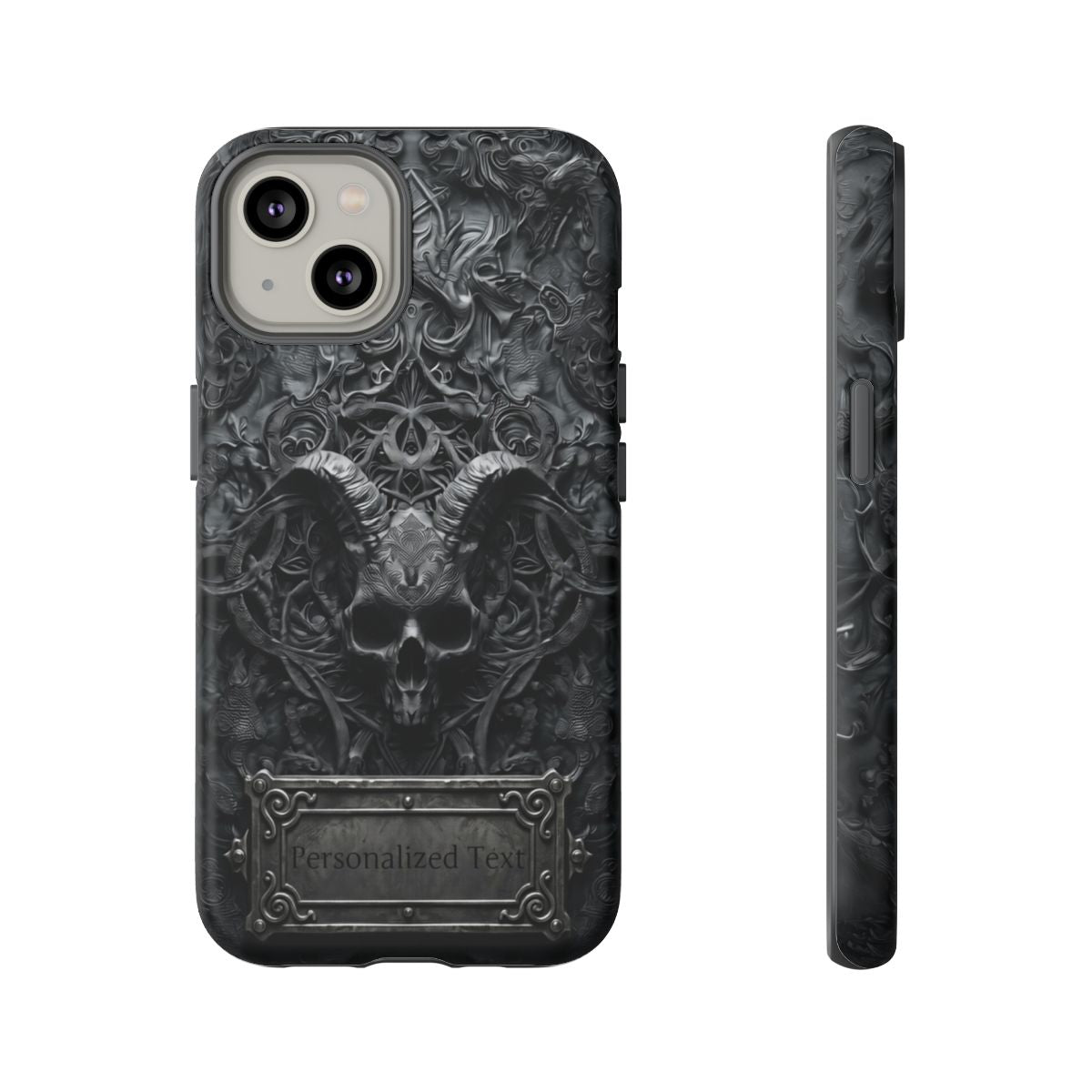 Gothic Demon Skull Phone Case – Dark Occult Horned Skull Art with Optional Personalized Text