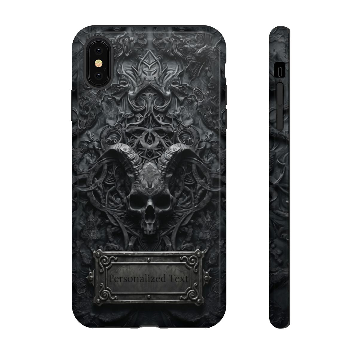 Gothic Demon Skull Phone Case – Dark Occult Horned Skull Art with Optional Personalized Text
