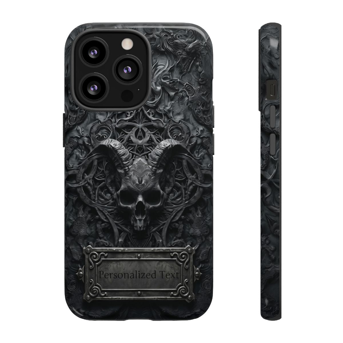 Gothic Demon Skull Phone Case – Dark Occult Horned Skull Art with Optional Personalized Text