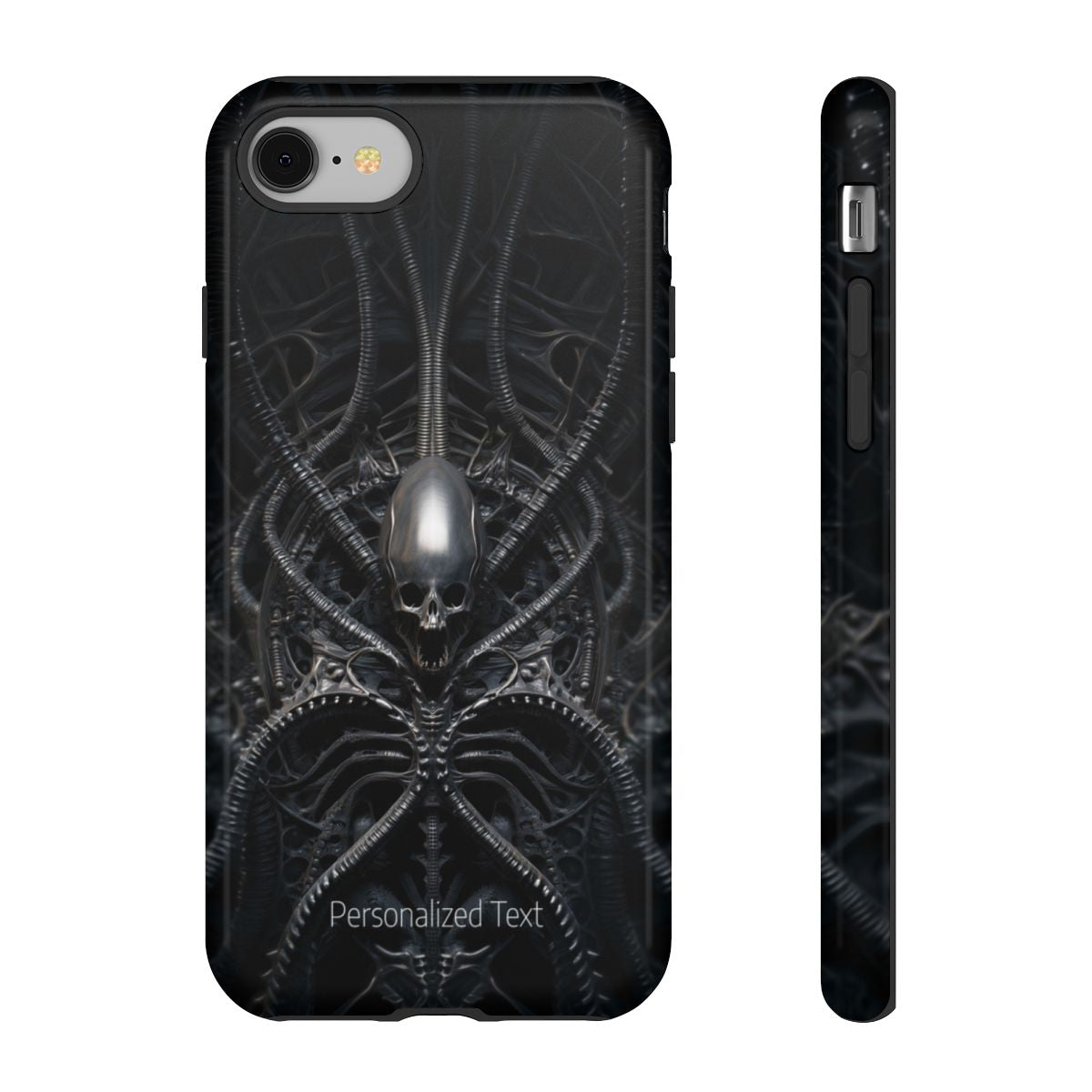 Biomechanical Skull Phone Case – Dark Sci-Fi Gothic Design with Optional Personalized Text