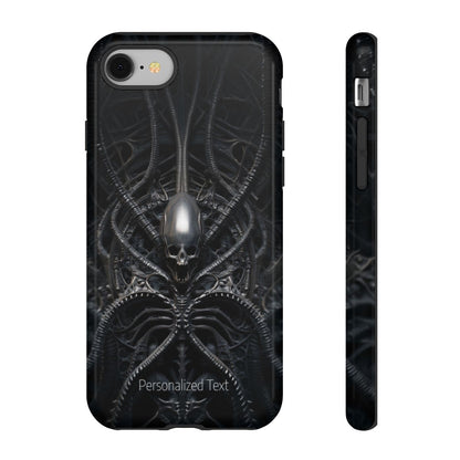Biomechanical Skull Phone Case – Dark Sci-Fi Gothic Design with Optional Personalized Text