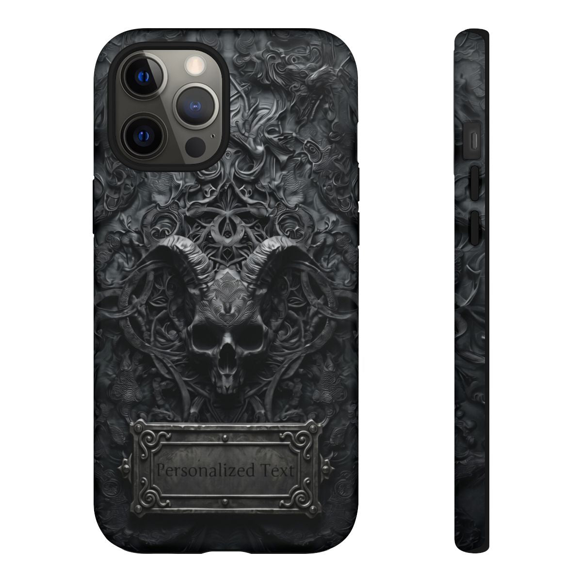 Gothic Demon Skull Phone Case – Dark Occult Horned Skull Art with Optional Personalized Text