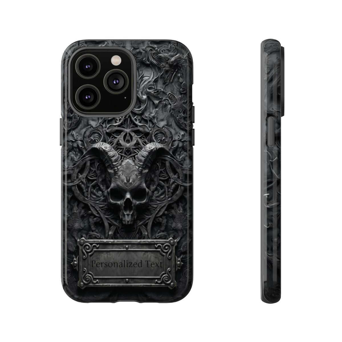 Gothic Demon Skull Phone Case – Dark Occult Horned Skull Art with Optional Personalized Text