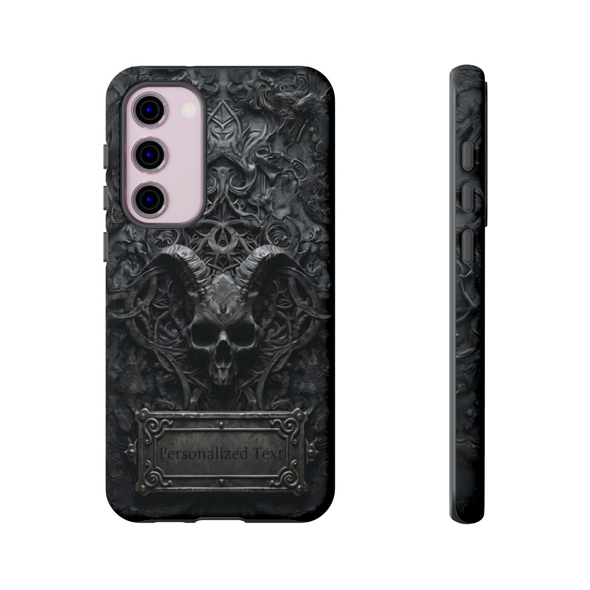 Gothic Demon Skull Phone Case – Dark Occult Horned Skull Art with Optional Personalized Text