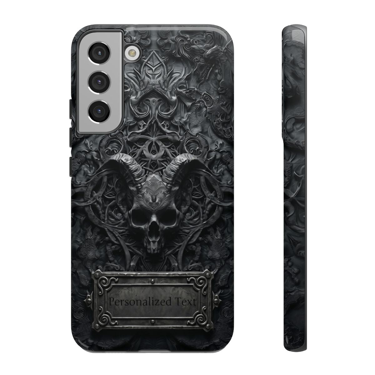 Gothic Demon Skull Phone Case – Dark Occult Horned Skull Art with Optional Personalized Text